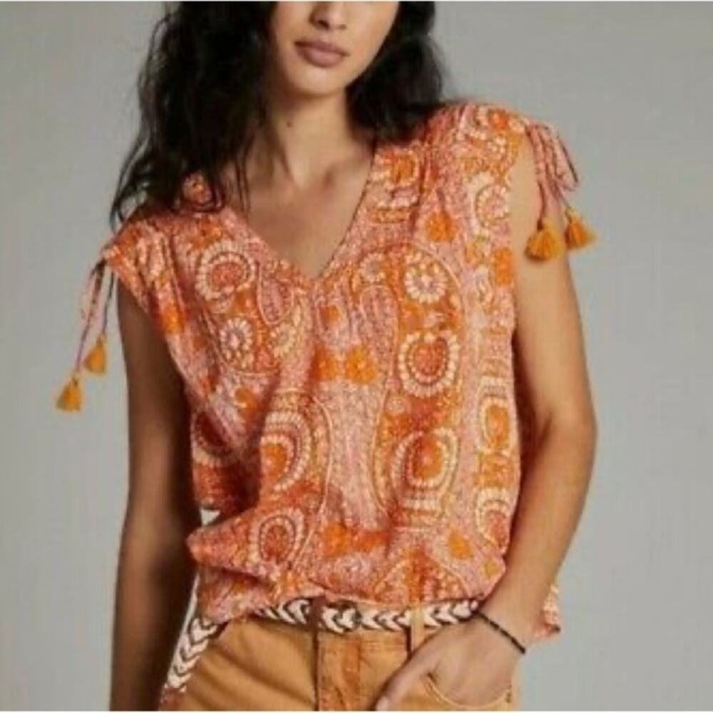 Anthropologie Terra Shirred Blouse Metallic Accent Tassel Tie Shoulder XS Orange